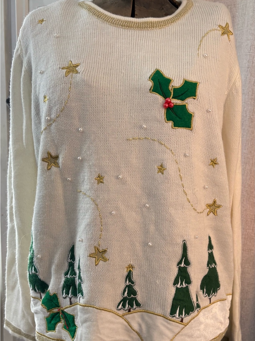 Ivory Gold Celestial Christmas Sweater Trees Holly Embellished